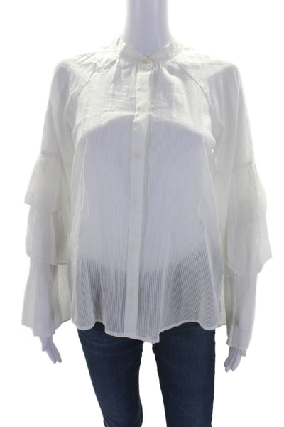 BCBGMAXAZRIA Womens Cotton Striped Ruffle Long Sleeve Blouse White Size XS