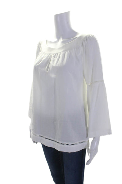 Trina Turk Womens Cotton Bell Sleeve Scoop Neck Keyhole Blouse White Size S