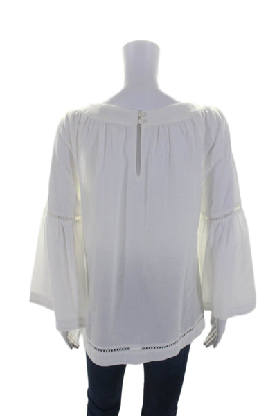 Trina Turk Womens Cotton Bell Sleeve Scoop Neck Keyhole Blouse White Size S