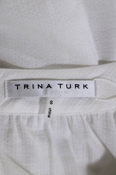 Trina Turk Womens Cotton Bell Sleeve Scoop Neck Keyhole Blouse White Size S