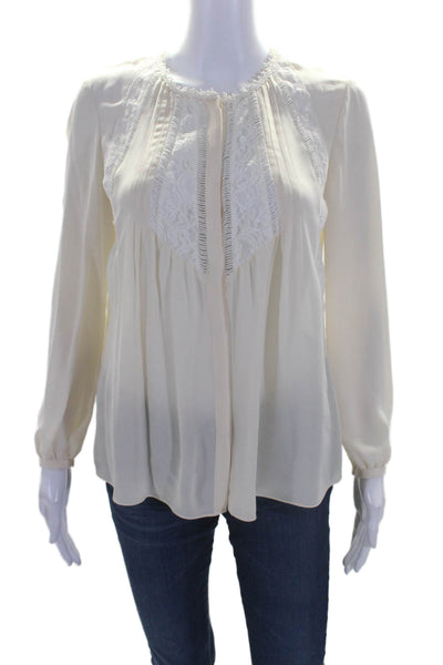 Rebecca Taylor Womens Silk Long Sleeve Lace Trim Pleated Blouse Cream Size 4