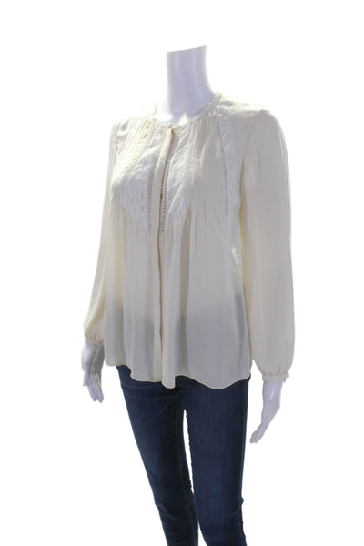 Rebecca Taylor Womens Silk Long Sleeve Lace Trim Pleated Blouse Cream Size 4