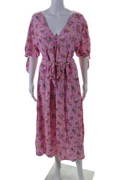 Faithfull The Brand Womens Floral Print V-Neck Zipped Belted Dress Pink Size L