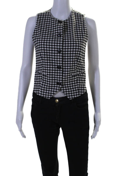 Aligne Women's Round Neck Sleeveless Button Down Line Vest Black Check Size 2