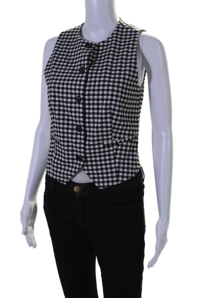 Aligne Women's Round Neck Sleeveless Button Down Line Vest Black Check Size 2