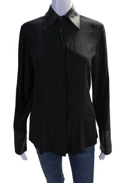 Ramy Brook Womens Black Silk Vegan Leather Trim Button Down Shirt Size XS