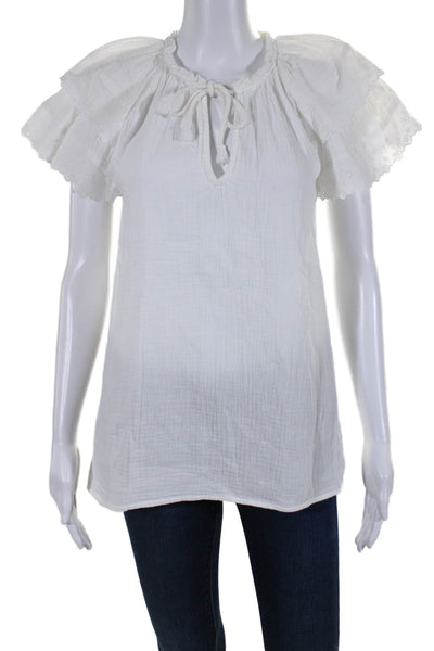 Sundays Womens Eyelet Key Hole Neck Short Sleeves Blouse White Cotton Size 1