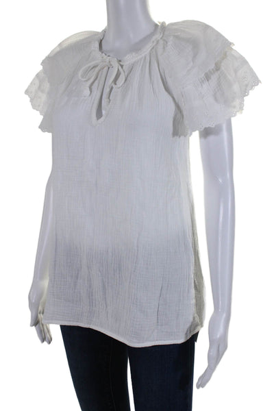 Sundays Womens Eyelet Key Hole Neck Short Sleeves Blouse White Cotton Size 1