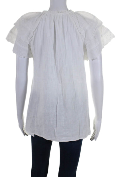 Sundays Womens Eyelet Key Hole Neck Short Sleeves Blouse White Cotton Size 1