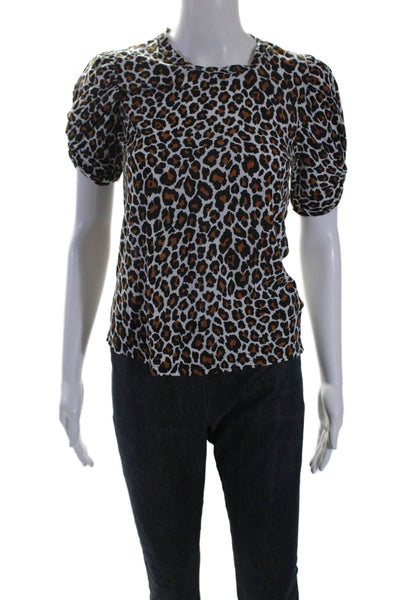 ALC Womens Short Sleeve Crew Neck Leopard Print Shirt White Black Brown Size XS