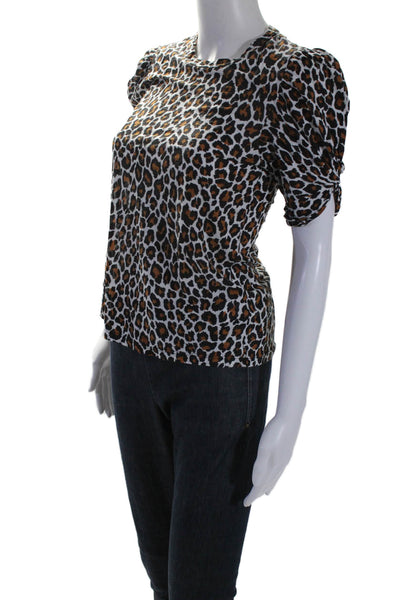 ALC Womens Short Sleeve Crew Neck Leopard Print Shirt White Black Brown Size XS