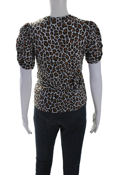 ALC Womens Short Sleeve Crew Neck Leopard Print Shirt White Black Brown Size XS