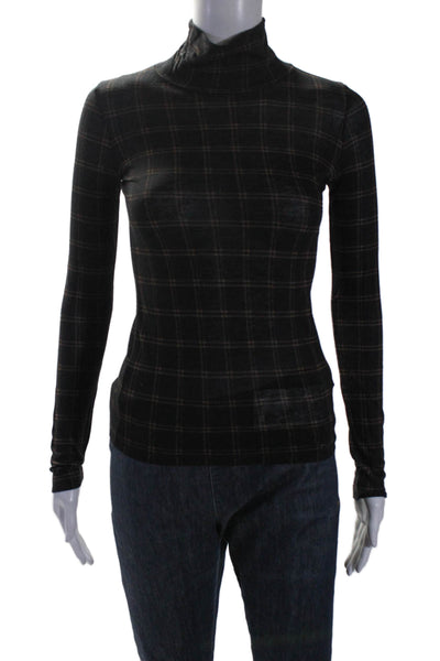 Vince Womens Long Sleeve Mock Neck Plaid Shirt Black Brown Cotton Size 2XS