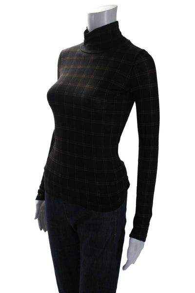 Vince Womens Long Sleeve Mock Neck Plaid Shirt Black Brown Cotton Size 2XS