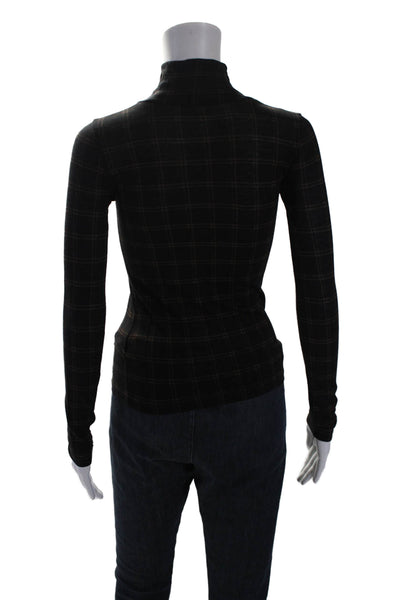 Vince Womens Long Sleeve Mock Neck Plaid Shirt Black Brown Cotton Size 2XS