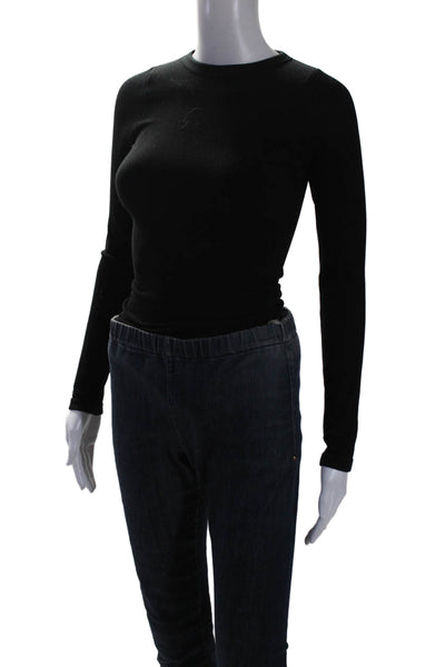 Irene Roth Womens Button Bottom Long Sleeve Crew Neck Ribbed Bodysuit Black XS