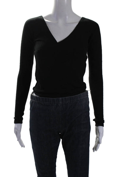 Skin Womens Button Bottom Long Sleeve V Neck Knit Bodysuit Black Cotton Size 0