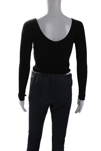 Skin Womens Button Bottom Long Sleeve V Neck Knit Bodysuit Black Cotton Size 0