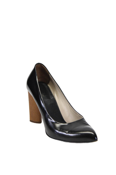 YSL Womens Wood Block Heel Pointed Toe Pumps Black Leather Size 39.5