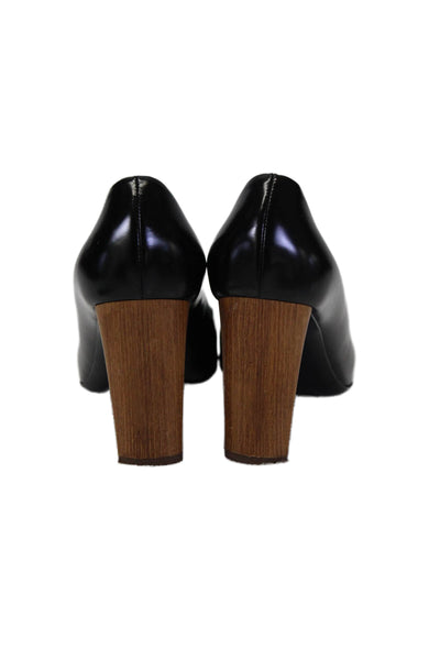 YSL Womens Wood Block Heel Pointed Toe Pumps Black Leather Size 39.5