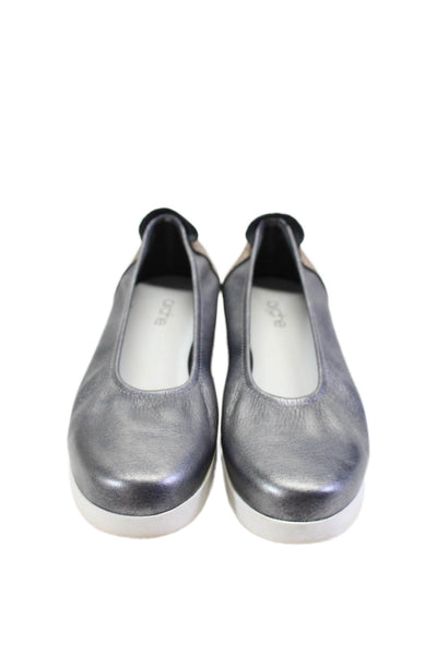 Arche Womens Slip On Round Toe Platform Flats Leather Silver Size 6