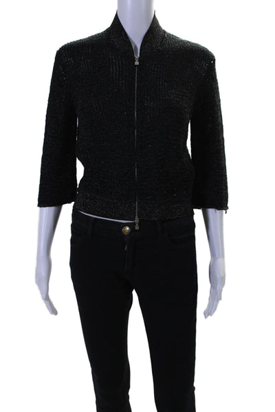 D. Exterior Womens Black Open Knit Full Zip Long Sleeve Jacket Size M