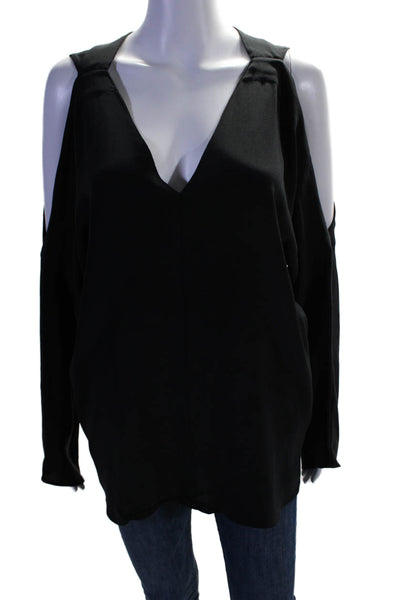 Ramy Brook Womens Silk Cut-Out Long Sleeve V-Neck Pullover Blouse Black Size L