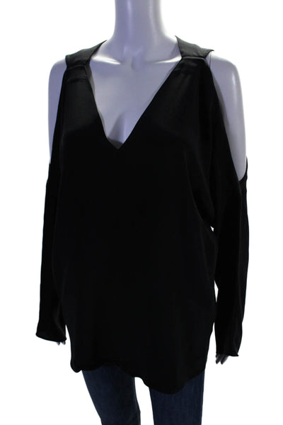 Ramy Brook Womens Silk Cut-Out Long Sleeve V-Neck Pullover Blouse Black Size L