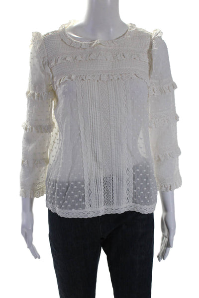 Rebecca Taylor Womens Cotton V-neck Lace Ruffle Polka Dot Blouse White Size 6