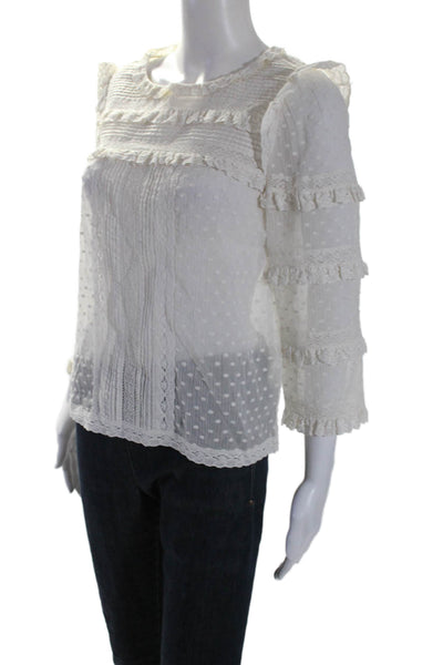 Rebecca Taylor Womens Cotton V-neck Lace Ruffle Polka Dot Blouse White Size 6