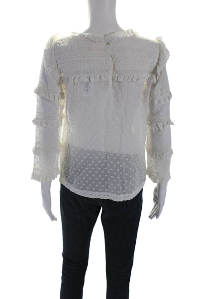 Rebecca Taylor Womens Cotton V-neck Lace Ruffle Polka Dot Blouse White Size 6