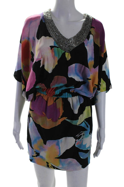 Nicole Miller Womens Silk Floral Print Poncho Open Shoulder Dress Black Size M