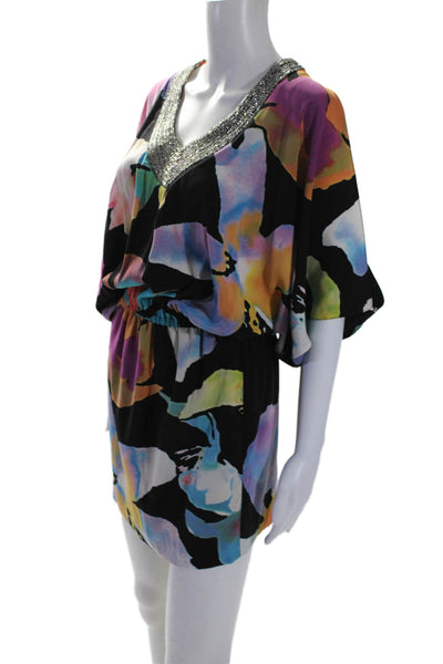 Nicole Miller Womens Silk Floral Print Poncho Open Shoulder Dress Black Size M