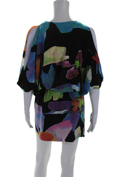 Nicole Miller Womens Silk Floral Print Poncho Open Shoulder Dress Black Size M