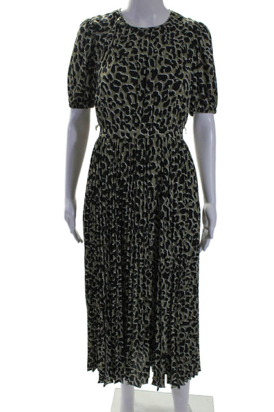 Toccin Womens Animal Print Ruffled Pleated Bubble Sleeved Dress Brown Size 4