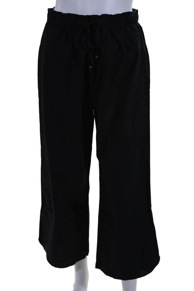 Sundays Womens Drawstring Waist High Rise Wide Leg Pants Black Cotton Size Small