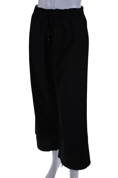 Sundays Womens Drawstring Waist High Rise Wide Leg Pants Black Cotton Size Small