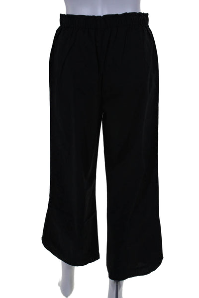 Sundays Womens Drawstring Waist High Rise Wide Leg Pants Black Cotton Size Small