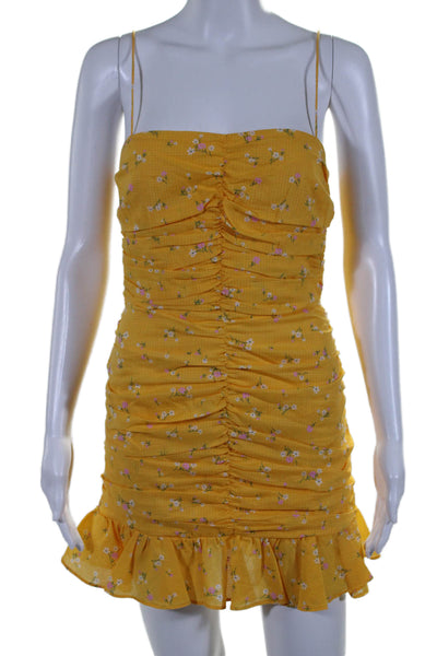 Bec & Bridge Womens Spaghetti Strap Ruched Floral Mini Dress Yellow Size 4