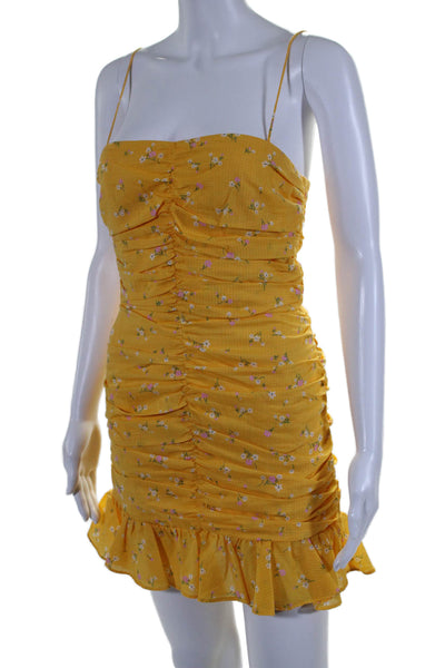 Bec & Bridge Womens Spaghetti Strap Ruched Floral Mini Dress Yellow Size 4