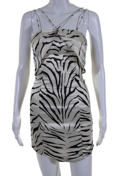 Zara Womens Spaghetti Strap Tiger Striped Satin Mini Dress White Black Size XS