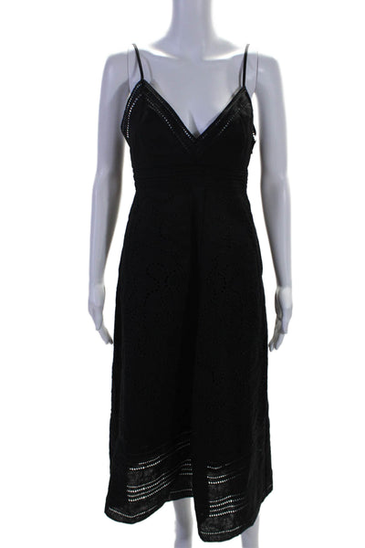 ALC Womens Side Zip Spaghetti Strap Ladder Lace Linen Midi Dress Black Size 4