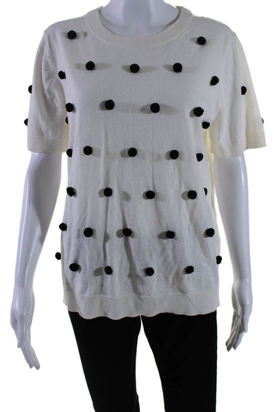 Kate Spade Womens Cotton Pom Pom Polka Dot Short Sleeve Blouse Top White Size XL