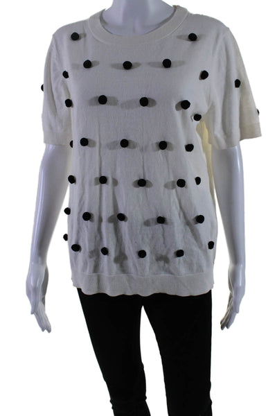 Kate Spade Womens Cotton Pom Pom Polka Dot Short Sleeve Blouse Top White Size XL