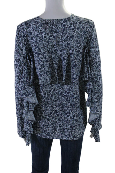 Catherine Catherine Malandrino Womens Blue Floral Ruffle Detail Blouse Top SizeS