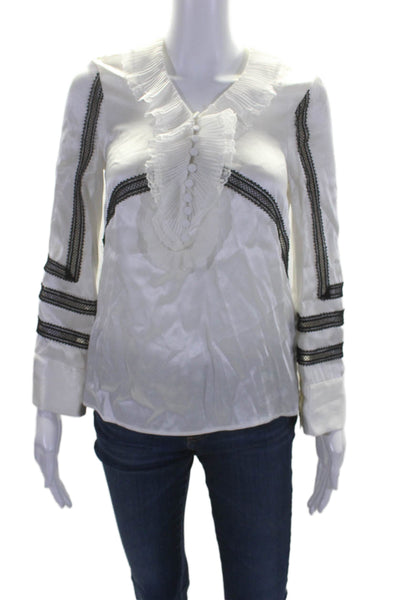 Self Portrait Womens Laced Creped Detailed Button Up V-Neck Blouse White Size 0