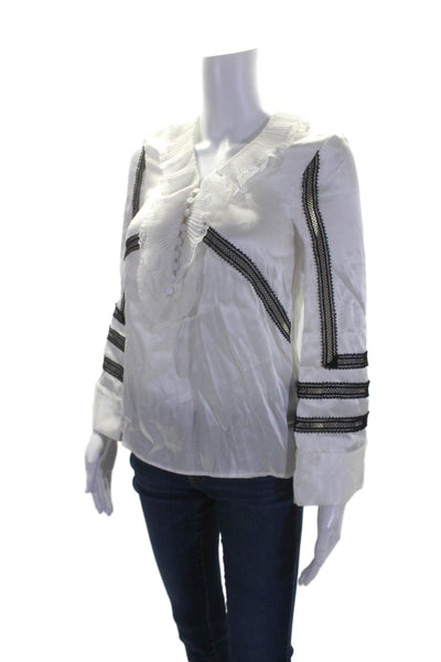 Self Portrait Womens Laced Creped Detailed Button Up V-Neck Blouse White Size 0