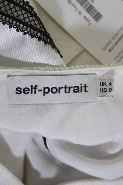 Self Portrait Womens Laced Creped Detailed Button Up V-Neck Blouse White Size 0