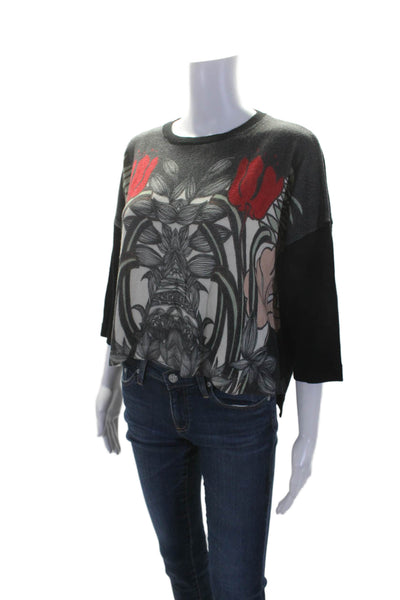 Antonio Marras Womens Wool Floral Graphic Crew Neck High Low Top Black Size XS