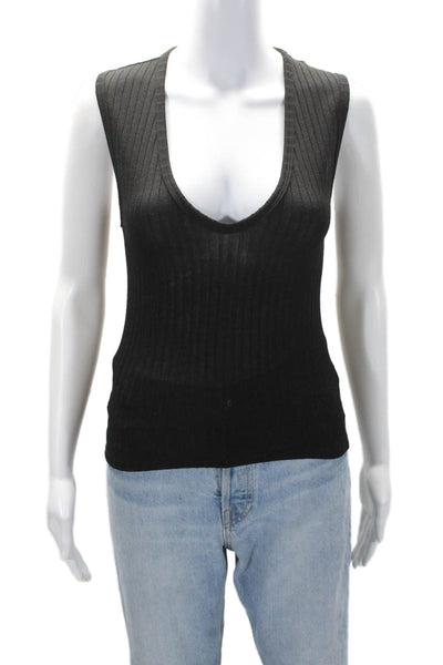 Leluxe Womens Stretch Ribbed V-Neck Sleeveless Pullover Tank Top Black Size XS